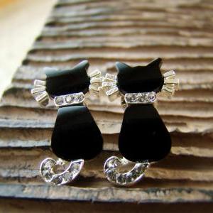 Women's Kitty Cat Earrings Black Onyx..