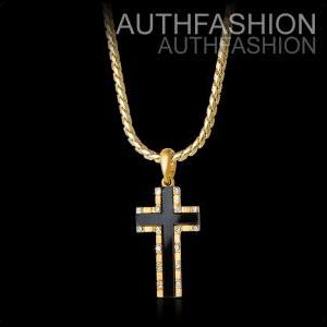 18k Gold Plated Mens Onyx Cross Pendant Chain..