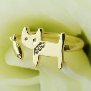 Little Kitty Ring With Fish Adjustable Open Animal..