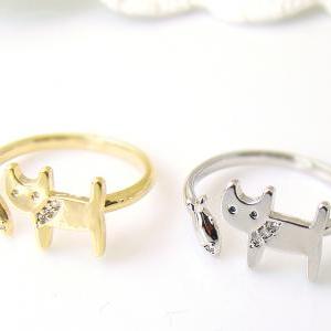 Little Kitty Ring With Fish Adjustable Open Animal..