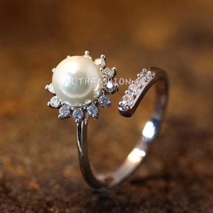 Pearl Ring Sun Crystal Open Ring Adjustable Ring..
