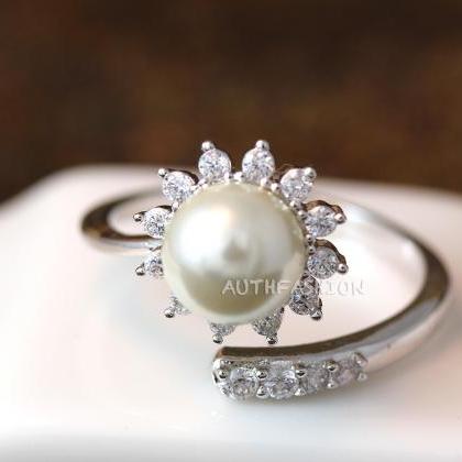 Pearl Ring Sun Crystal Open Ring Adjustable Ring..
