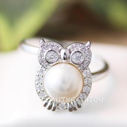 Crystal Pearl Owl Ring Women's Animal..