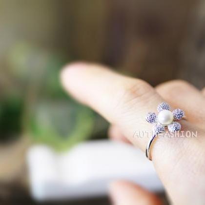 Floral Crystal Pearl Ring Adjustable Ring Jewelry..