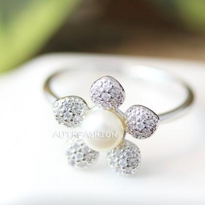 Floral Crystal Pearl Ring Adjustable Ring Jewelry..