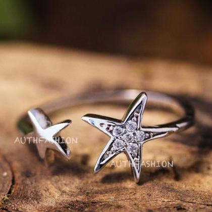 Simple Two Star Ring Adjustable Open Silver Plated..