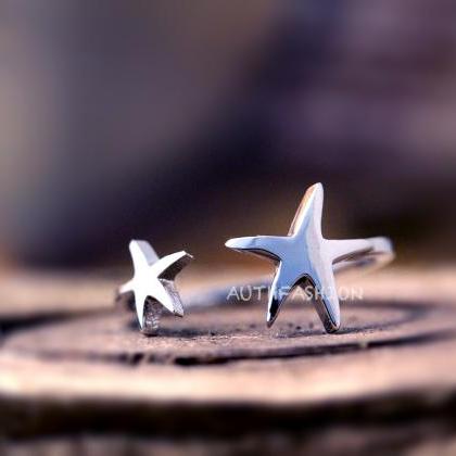 Simple Two Stars Ring Adjustable Open Ring Silver..