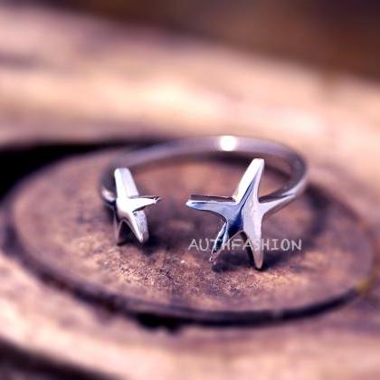 Simple Two Stars Ring Adjustable Open Ring Silver..
