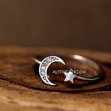 Simple Crescent Moon Star Ring Adjustable Open..