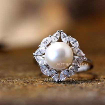 Pearl Ring Square Crystal Plain Open Ring..