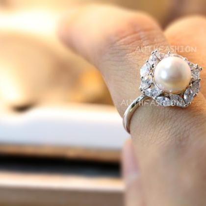 Pearl Ring Square Crystal Plain Open Ring..