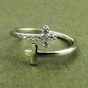 Women's Teen's Sideways Double Cross Ring with Crystal Silver Rhodium Plated Size Adjustable RC10
