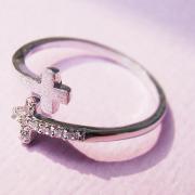 Women's Teen's Sideways Double Cross Ring with Crystal Silver Rhodium Plated Size Adjustable RC02