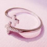 Women's Sideways Double Cross Ring with Crystal Silver Rhodium Plated Size Adjustable RC02