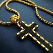 1.57&quot; Mens Cross Pendant necklace 18K Gold Plated Mens Black Onyx Cross Chain Necklace Cubic Zirconia 24B