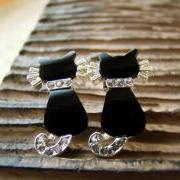 Women's Kitty Cat Earrings Black Onyx Swarovski Crystal Sterling 925 Silver Sutd Nickel Free