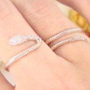 Women's Teen's Snake Ring Wrap Two Fingers with Crystal Pink Rose Gold Plated Size Adjustable