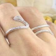 Women's Teen's Snake Ring Wrap Two Fingers with Crystal Silver Rhodium Plated Size Adjustable