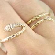 Women's Teen's Snake Ring Wrap Two Fingers with Crystal Yellow Gold Plated Size Adjustable
