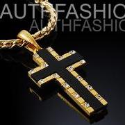 18K Gold Plated Mens Onyx Cross Pendant Chain Necklace Cubic Zirconia 24