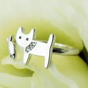 Little Kitty Ring with Fish Adjustable Open Animal Ring Gold Silver Plated gift idea