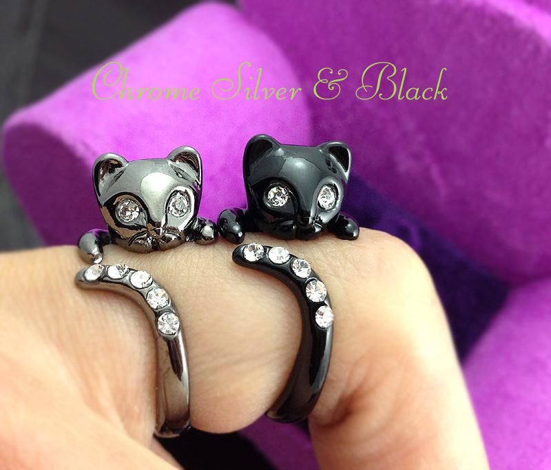 Kitty Cat Ring Chrome Dark Silver Or Black Kitty Cat Ring Swarovski Crystals Adjustable Size Wrap Ring Kitten