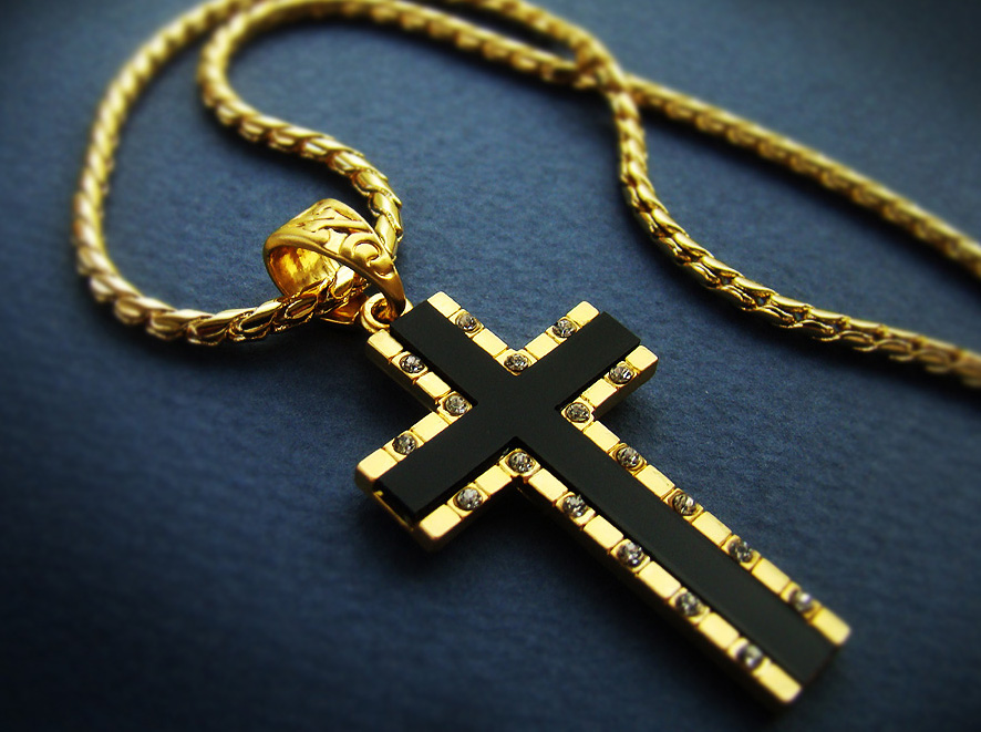 1.57" Mens Cross Pendant Necklace 18k Gold Plated Mens Black Onyx Cross Chain Necklace Cubic Zirconia 24b