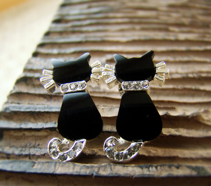 Women's Kitty Cat Earrings Black Onyx Swarovski Crystal Sterling 925 Silver Sutd Nickel