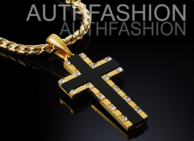 18k Gold Plated Mens Onyx Cross Pendant Chain Necklace Cubic Zirconia 24