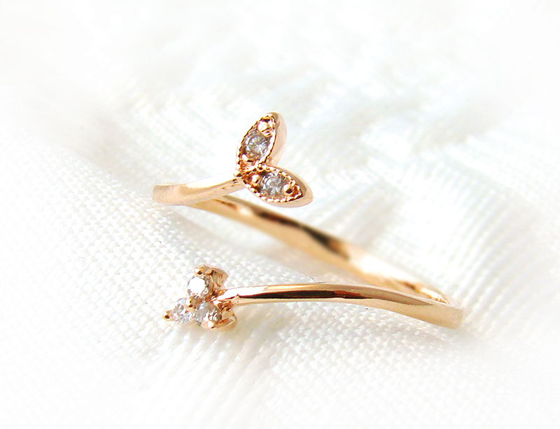 Tiny Sprout Leaf Ring Adjustable Crystal Jewelry Rose Gold Silver Size Gift Idea