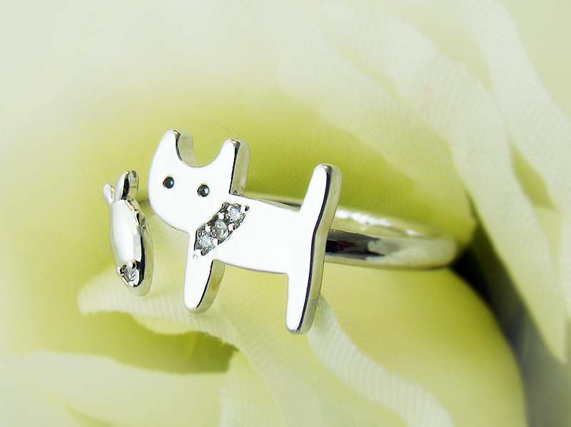 Little Kitty Ring With Fish Adjustable Open Animal Ring Gold Silver Plated Gift Idea