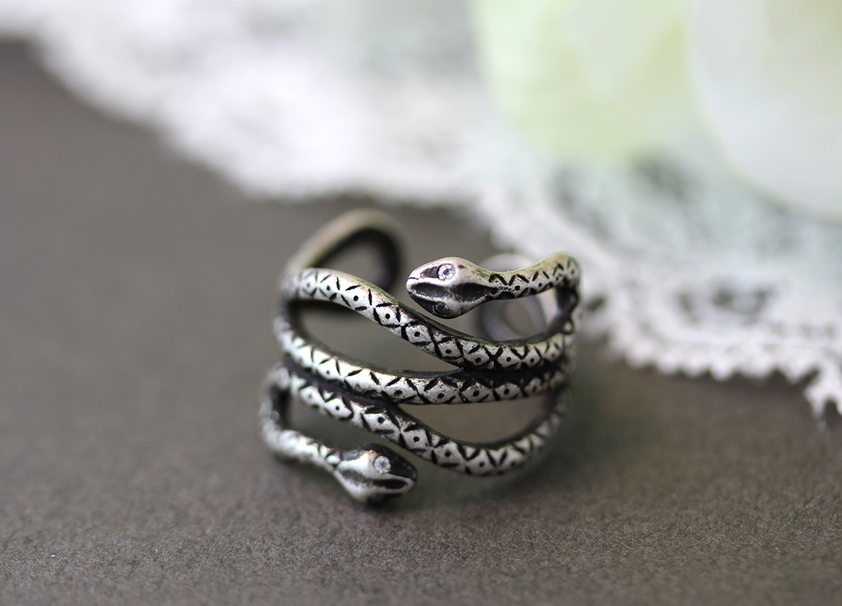 Retro Silver Tone Double Head Snake Ring Animal Adjustable Ring Gift Idea