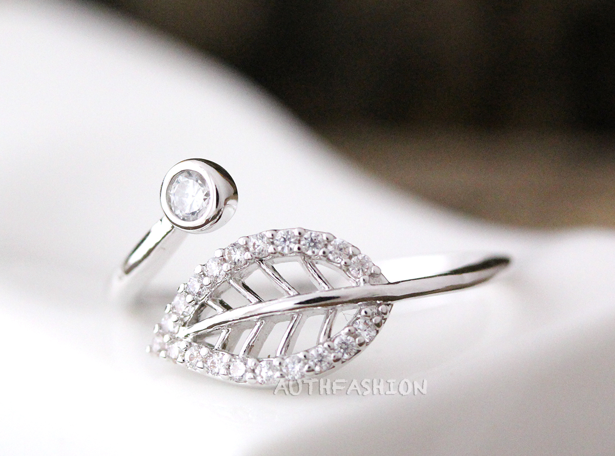 Adjustable Crystal Leaf Ring Twig Ring Silver Plated Jewelry Gift Idea Byr20