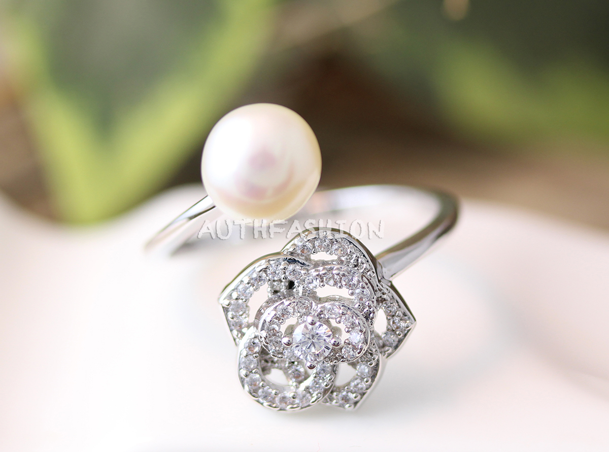 Crystal Rose Flower Pearl Ring Adjustable Ring Jewelry Silver Plated Gift Idea