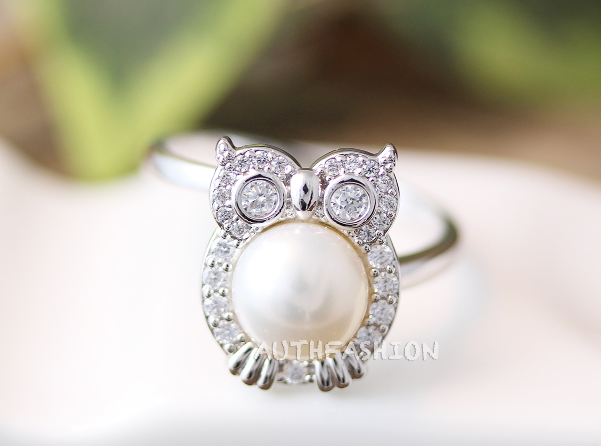 Crystal Pearl Owl Ring Women's Animal Bird Ring Jewelry Adjustable Size