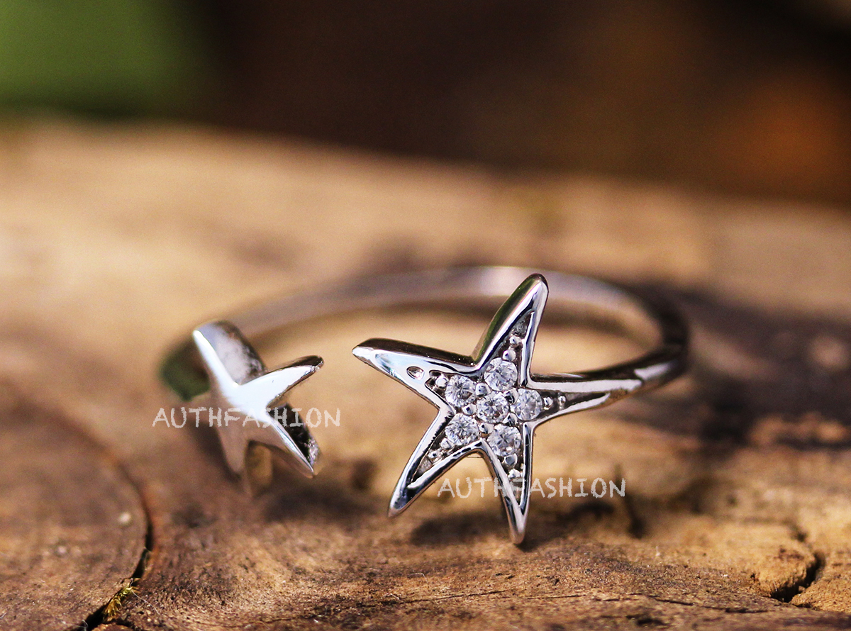 Simple Two Star Ring Adjustable Open Silver Plated Jewelry Gift Idea Girly Cute