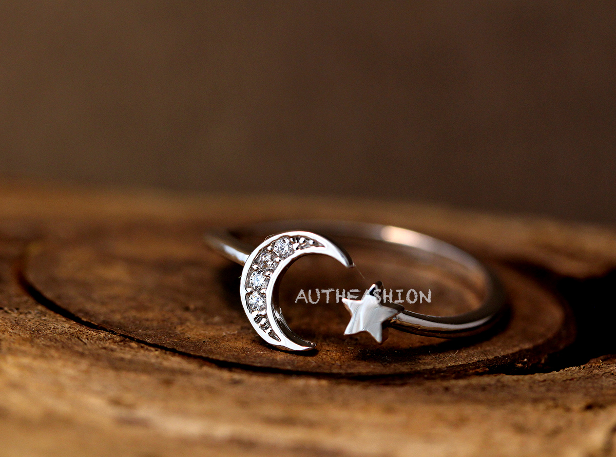Simple Crescent Moon Star Ring Adjustable Open Silver Plated Jewelry Gift Idea