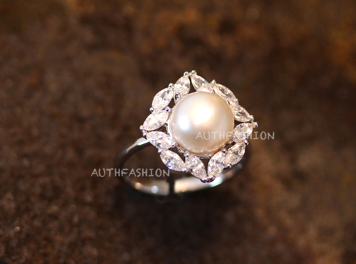 Pearl Ring Square Crystal Plain Open Ring Adjustable Ring Jewelry Silver Plated