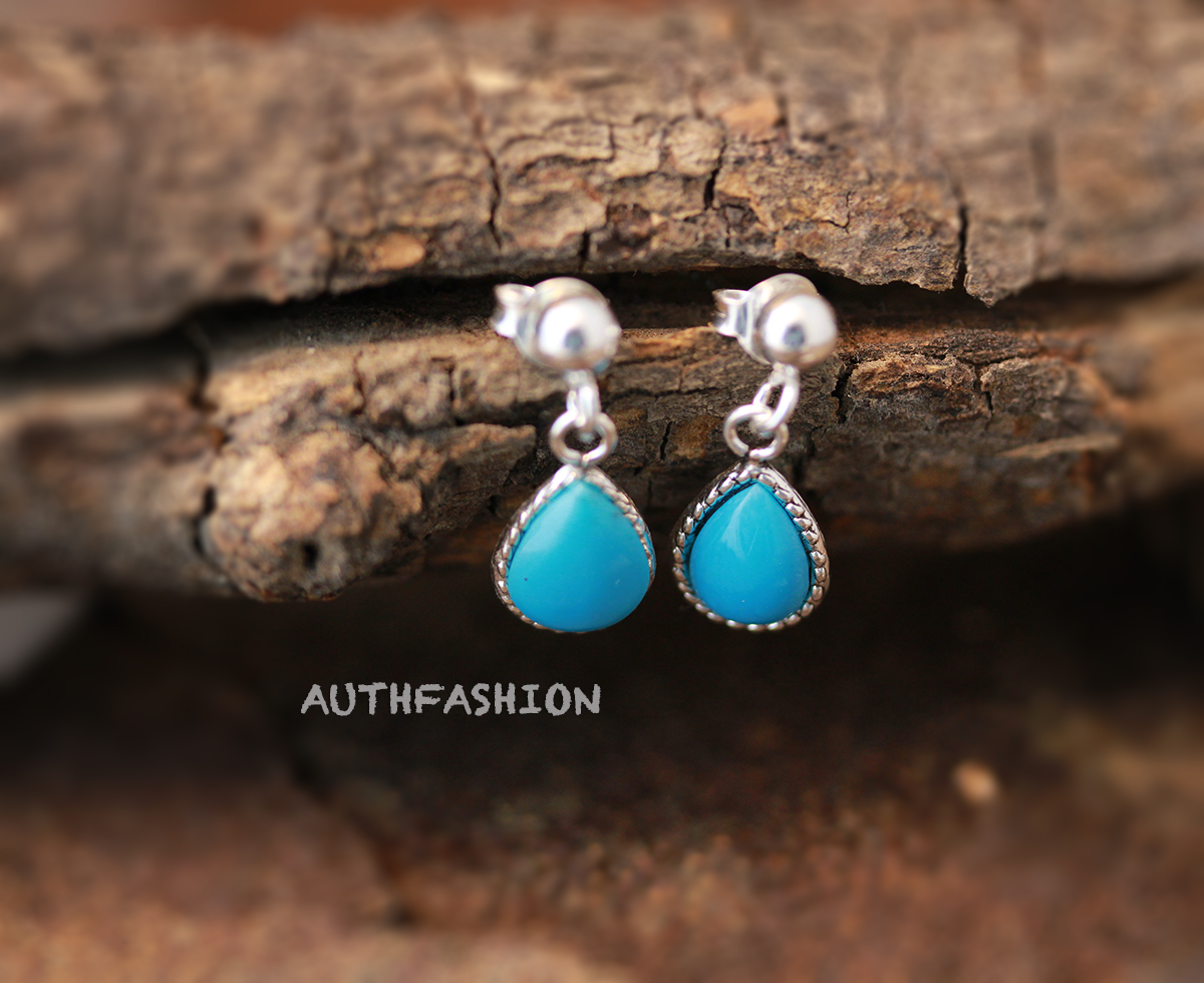 Sterling Silver Turquoise Teardrop Earrings, Dangle Blue Birthstone Gift Idea