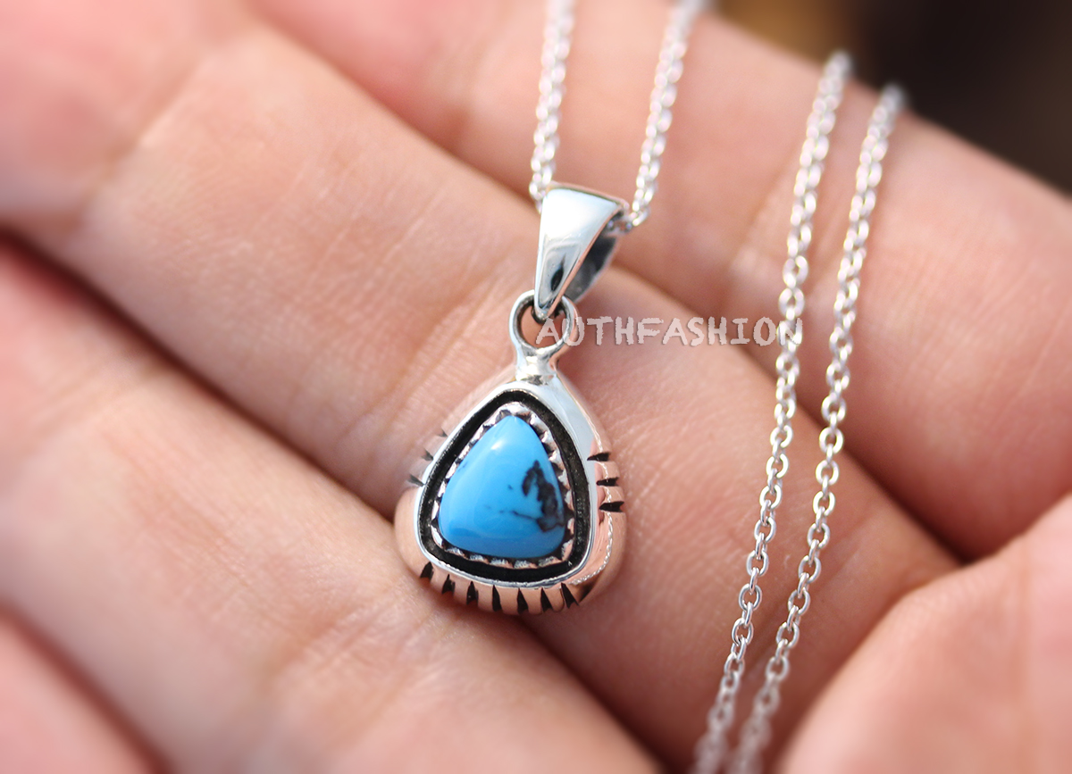 Sterling Silver Turquoise Pendant Triangular Necklace Women's Jewelry Gift Idea