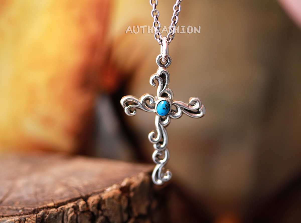Sterling Silver Turquoise Curly Cross Pendant Necklace 925 Gift Idea Birth Stone