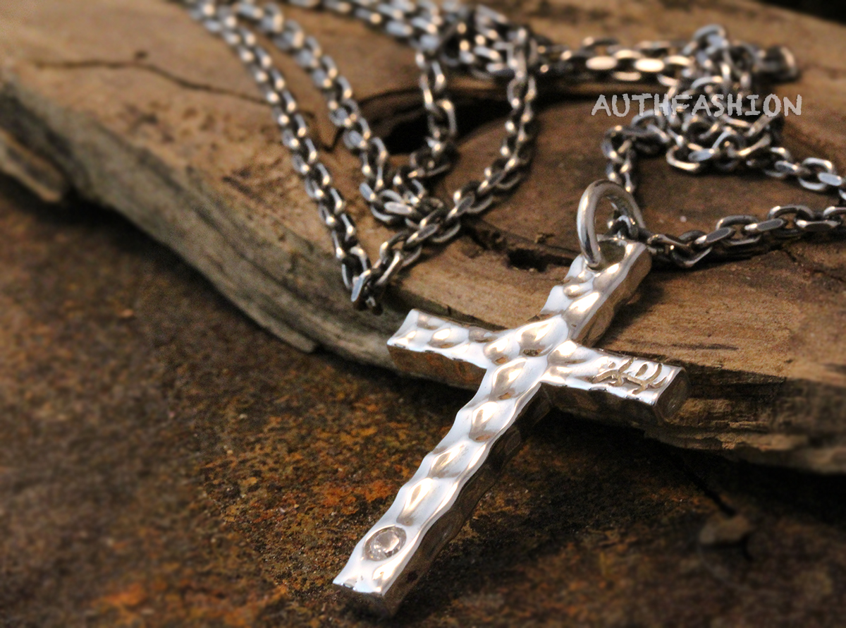 Mens Sterling Silver Hammered Cross Pendant Necklace Gift Idea Gothic Pendant