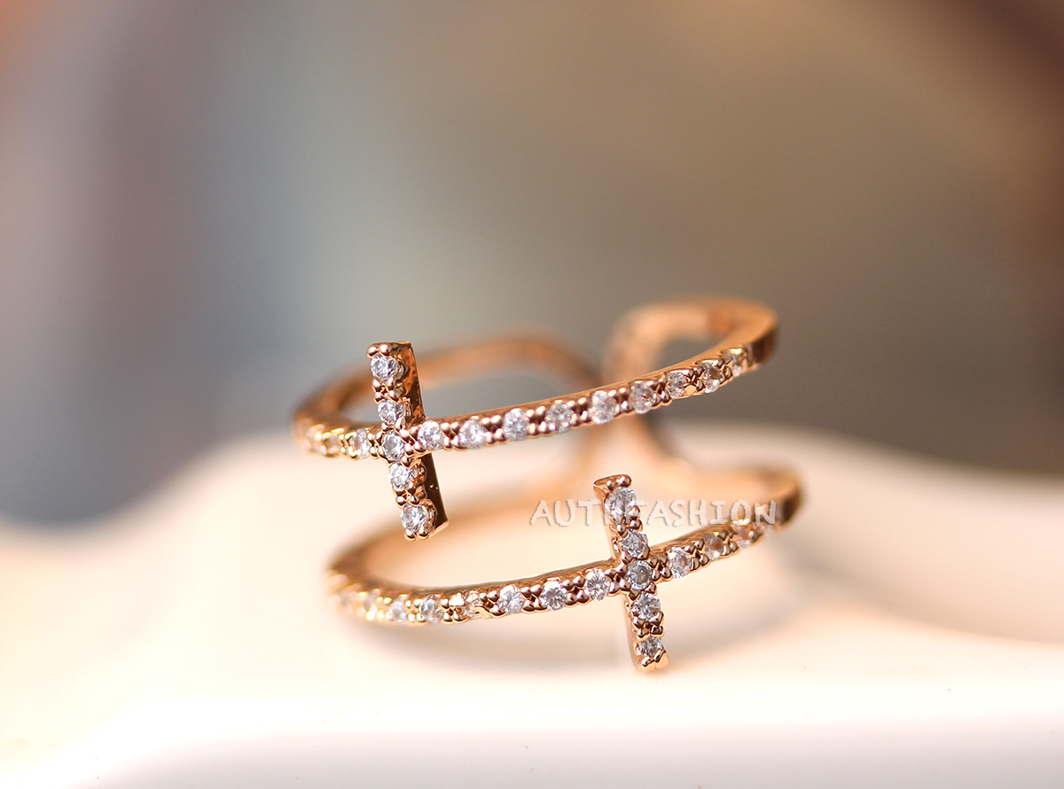 Sideways Mc Double Cross Ring Adjustable Crystal Silver / Rose Gold Plated Gift Idea