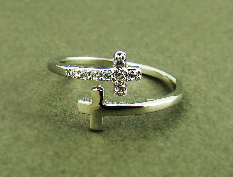 Women's Teen's Sideways Double Cross Ring With Crystal Silver Rhodium