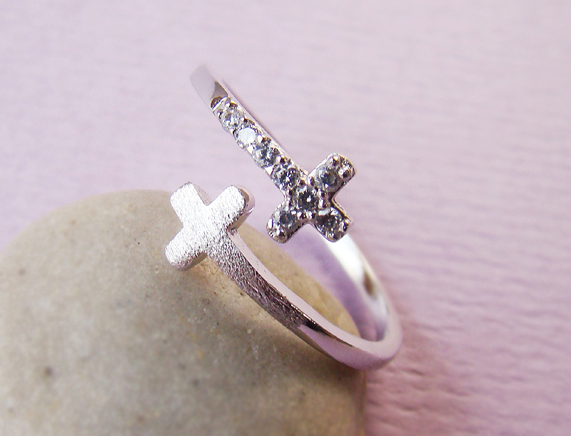 Women's Teen's Sideways Double Cross Ring With Crystal Silver Rhodium ...